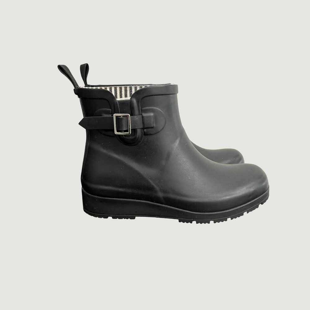 London Fog Skyline Black Rubber Ankle Rain Boots Women Size 8M Striped Lining